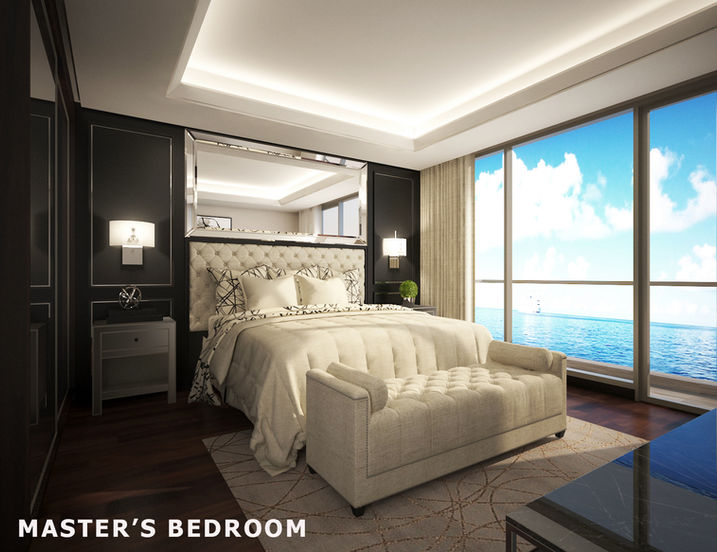 Grand Titanic in Paranaque City offers luxurious living spaces. This image showcases a master bedroom with stunning ocean views, featuring a comfortable bed, elegant furnishings, and a modern design aesthetic. The design reflects a contemporary interpretation of Philippine architectural principles, emphasizing comfort and sophistication.