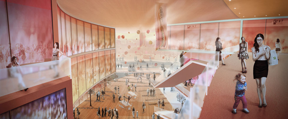 An illustration of The Cube, a proposed multi-purpose cultural center. The interior is shown with a curved wall, multiple levels, and a central open space with people walking around.