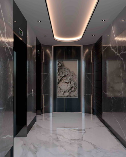 Silhouette in San Juan City offers a sophisticated and luxurious living experience. This image showcases the project's elegant elevator lobby, featuring high-end finishes, contemporary lighting, and a curated art piece. The design reflects a contemporary interpretation of Philippine architectural principles, creating a welcoming and sophisticated atmosphere for residents.