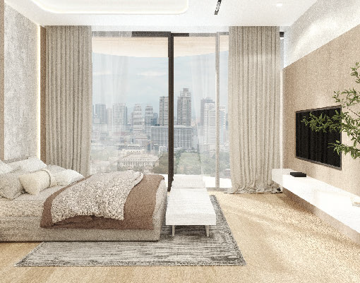 Riverpark Manila offers sophisticated living spaces. This image showcases a stylish bedroom with floor-to-ceiling windows offering panoramic city views. The design reflects a contemporary interpretation of Philippine architectural principles, emphasizing comfort, relaxation, and a connection to the urban environment.