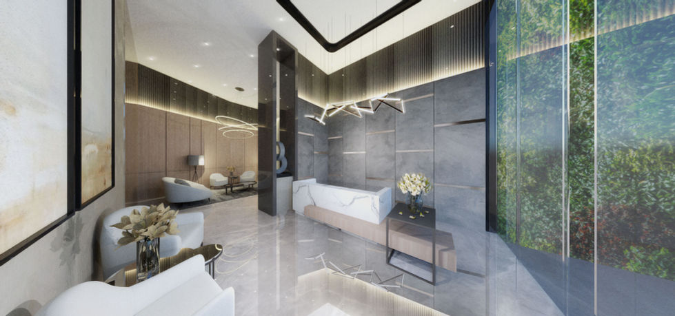 One Six Wilson Gardens in San Juan City offers a sophisticated and welcoming atmosphere. This image showcases the project's elegant lobby, featuring contemporary design elements, comfortable seating, and natural light. The design reflects a contemporary interpretation of Philippine architectural principles, creating a sophisticated and inviting entrance for residents and guests.