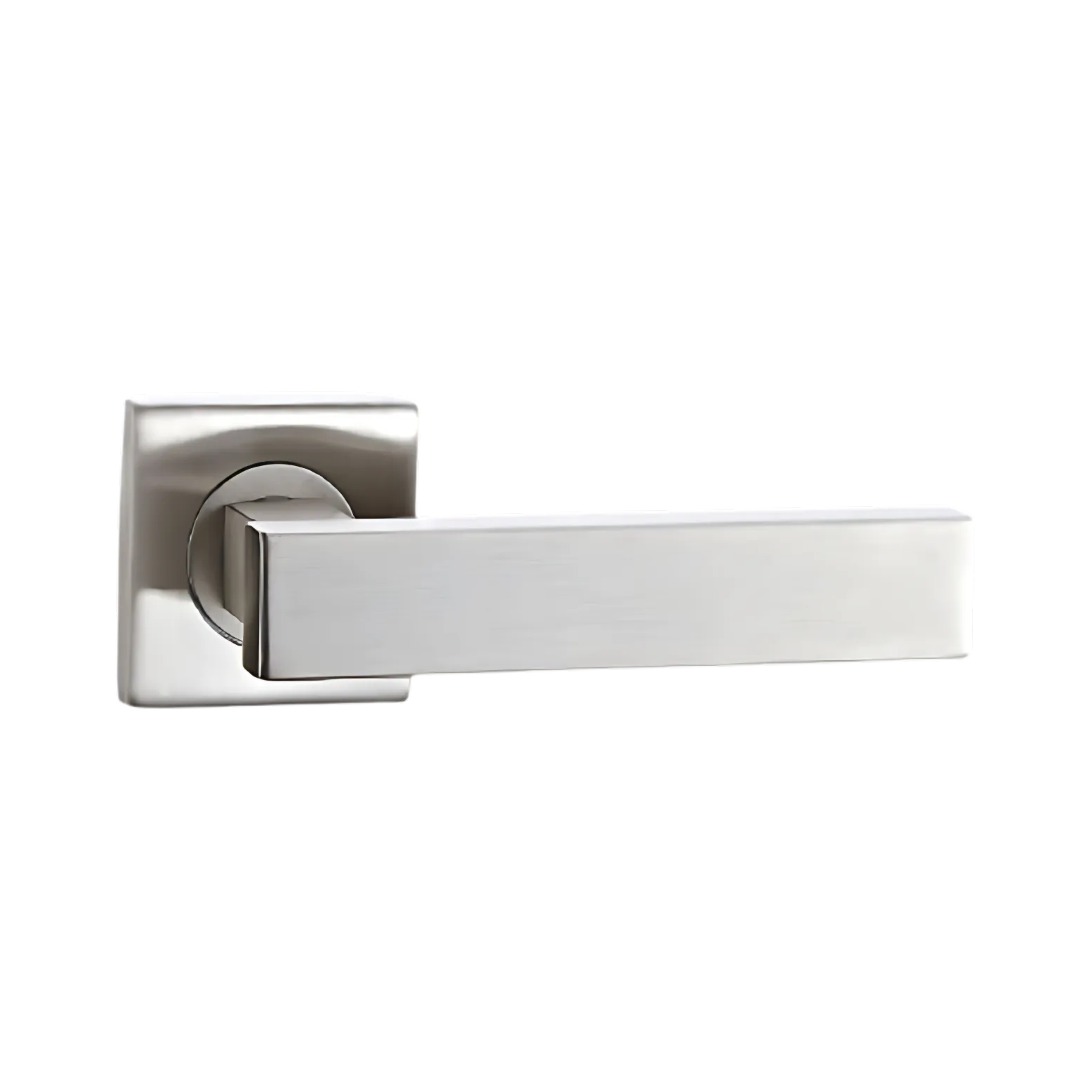 A stainless steel door lever handle.