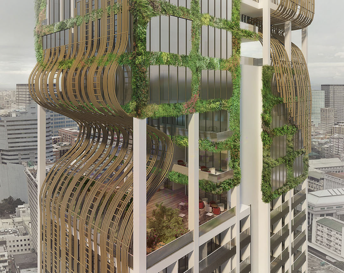Experience the future of urban living at Chinatown Oasis in Manila City. This image showcases the project's innovative architecture, featuring a biophilic facade with integrated greenery and a wave-like form inspired by Philippine vernacular architecture. Enjoy a sustainable and stylish lifestyle at Chinatown Oasis.