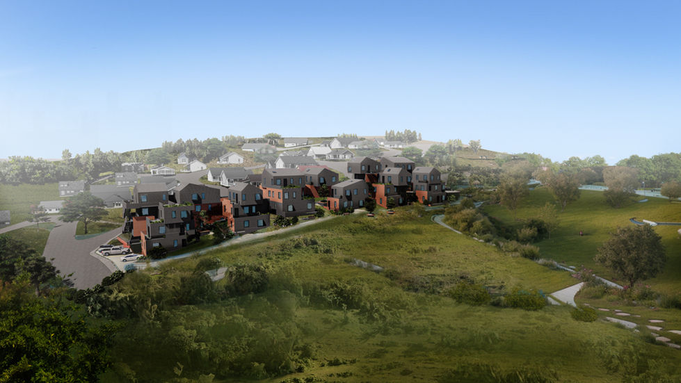 Highlands Condo Residences in Legazpi City offer a unique blend of contemporary living and natural surroundings. This image showcases the project's architectural design, featuring a cluster of interconnected buildings nestled amidst lush greenery and scenic views. The design reflects a contemporary interpretation of Philippine vernacular architecture, creating a harmonious living environment that blends seamlessly with the natural landscape.