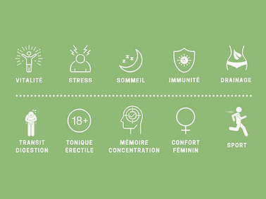 Pictogrammes représentant chaque usages de la gamme de compléments alimentaires