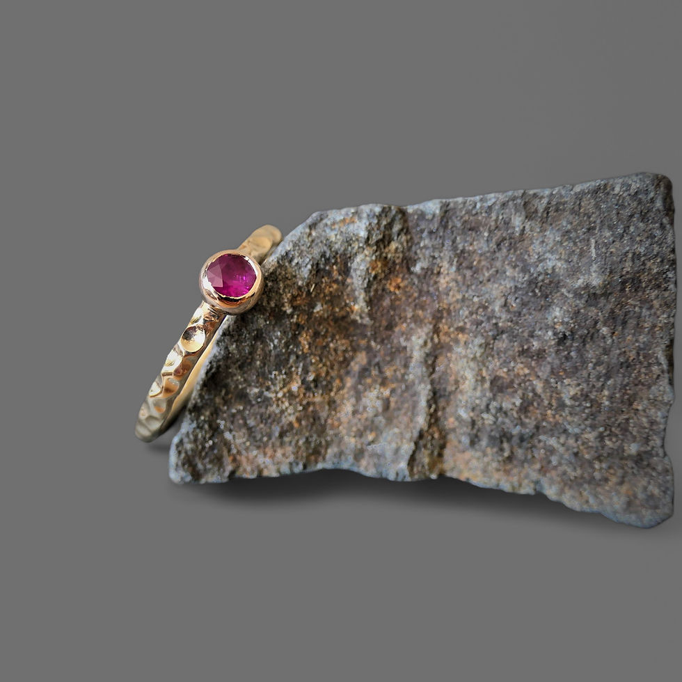 Thumbnail: Ruby ring styled with natural rock, highlighting handmade band and gemstone.