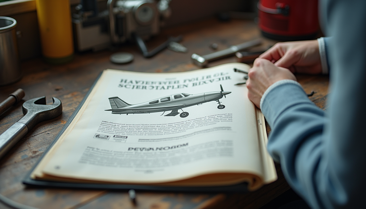 Eye-level view of a Piper aircraft maintenance manual open on a workbench