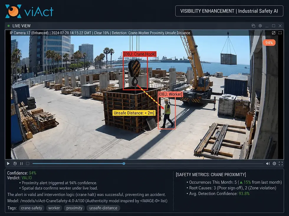 Industrial safety AI monitoring crane hook and worker proximity distance.