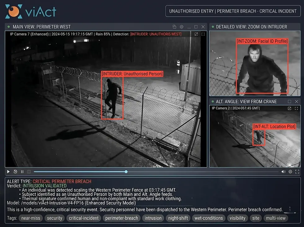AI powered security system detecting unauthorized perimeter fence breach intrusion.