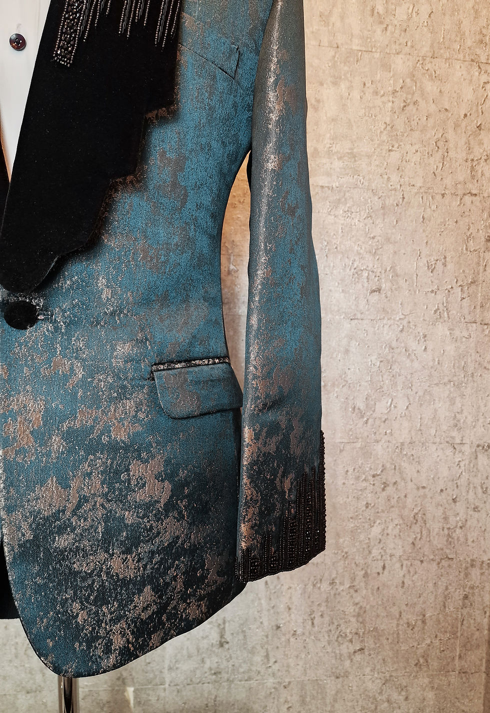 Thumbnail: Hand Embroidered Green Teal Gold Marble Drip Jacquard Jacket