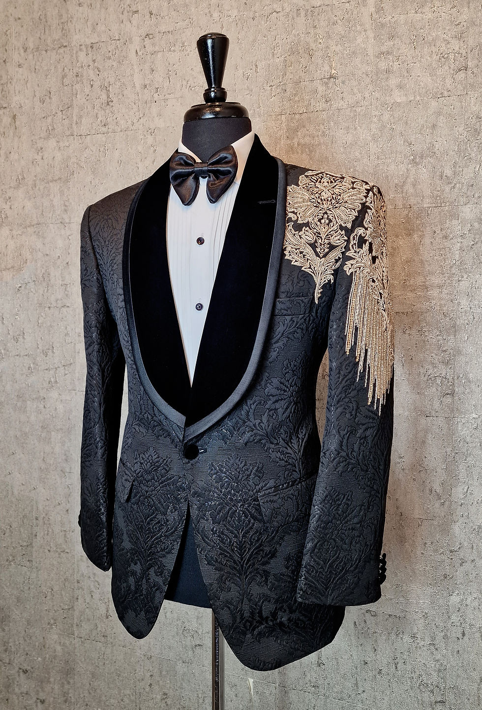 Hand Embroidered Black Damask Jacquard Jacket With Shoulder Embroidery