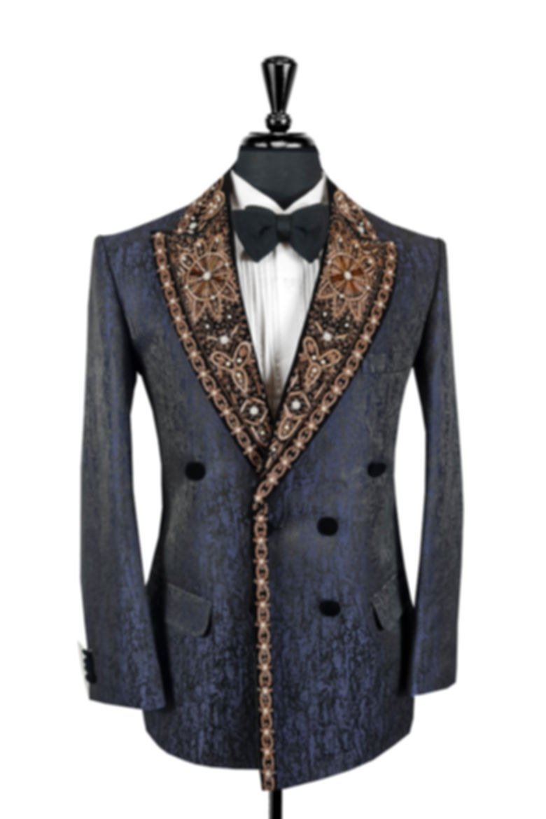 Midnight Blue Brushed Print Jacquard King Collection Double Breasted Jacket