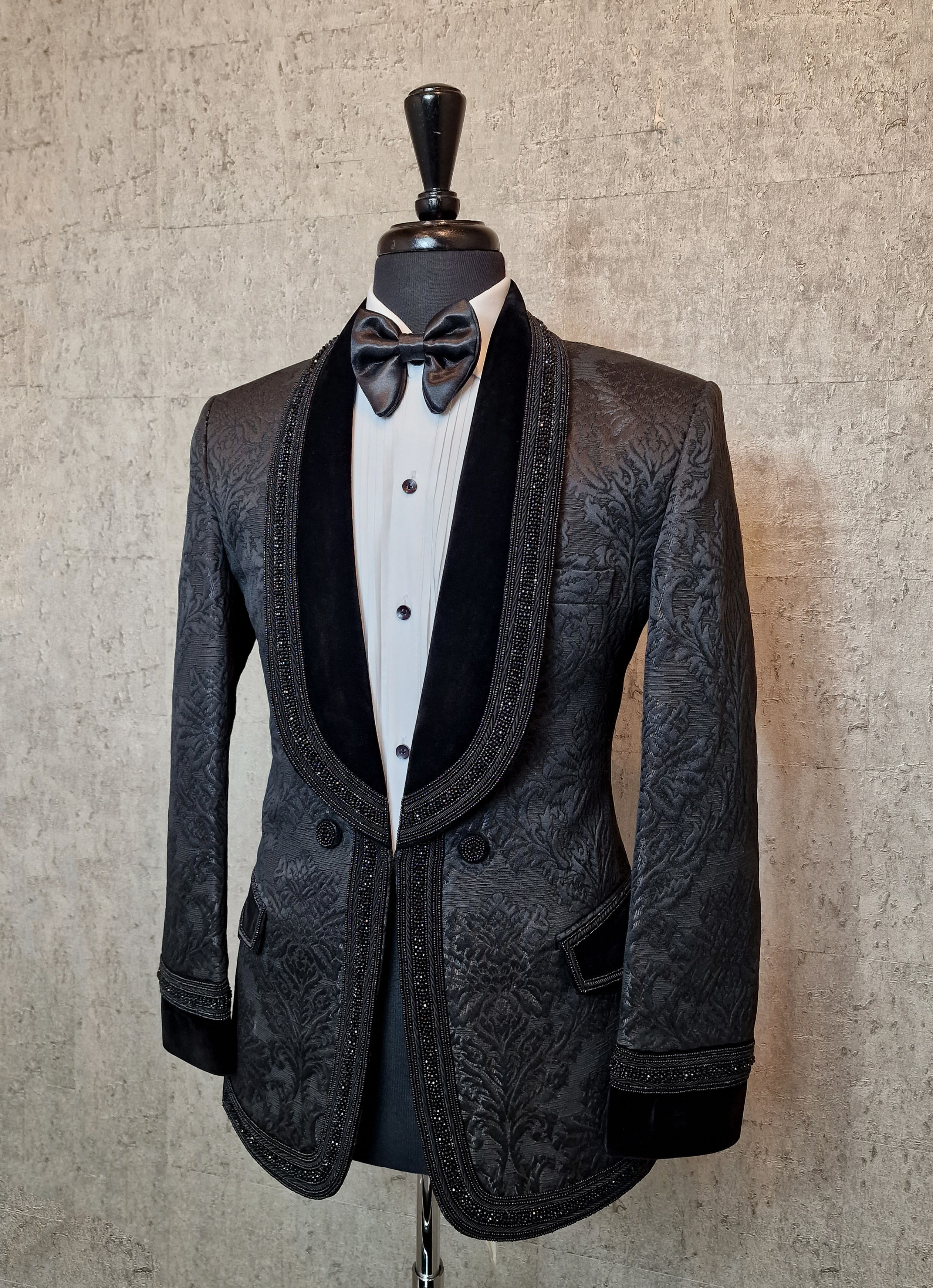 Hand Embroidered Black Damask Print Silk Jacquard Jacket