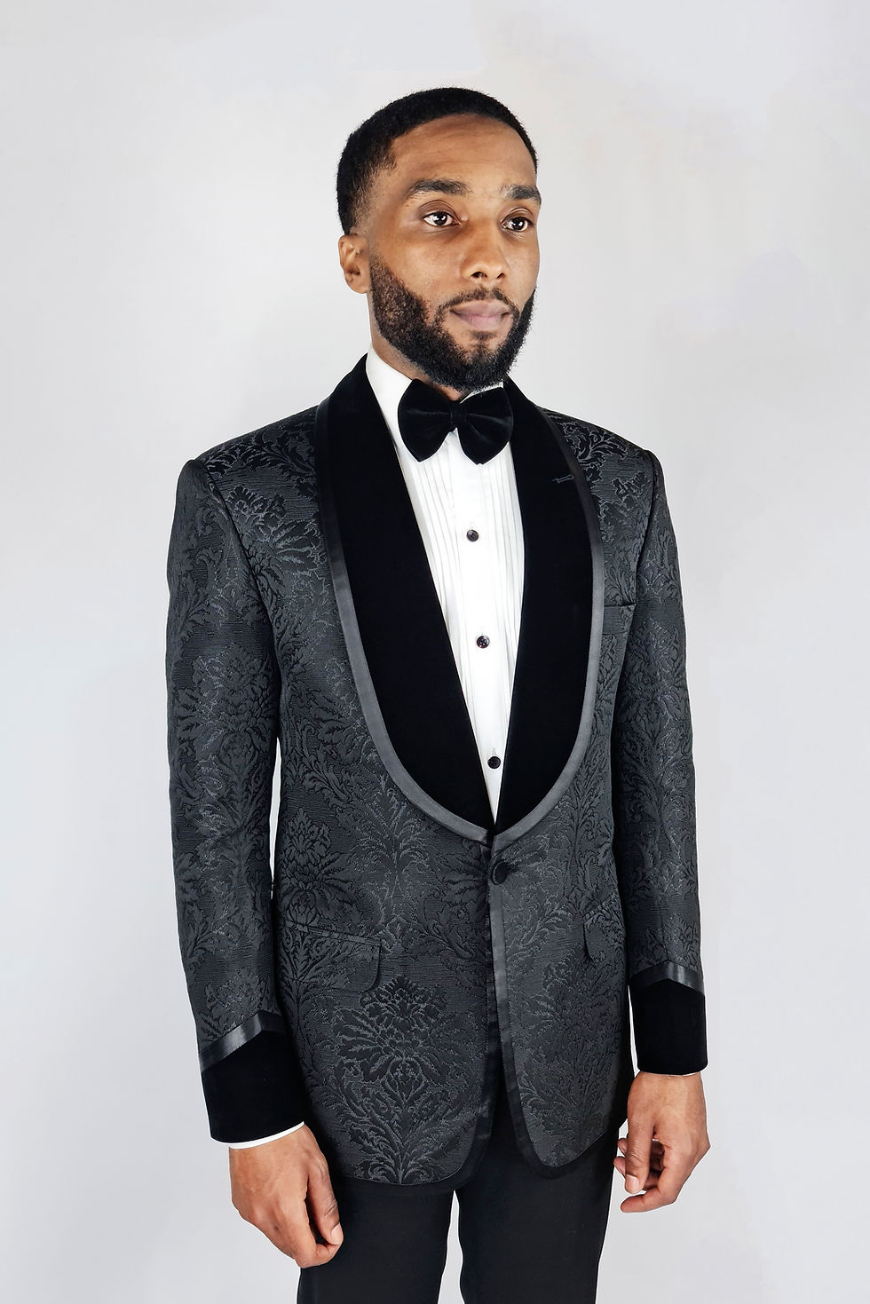 Thumbnail: Black Damask Print Silk Jacquard Velvet Tuxedo Jacket