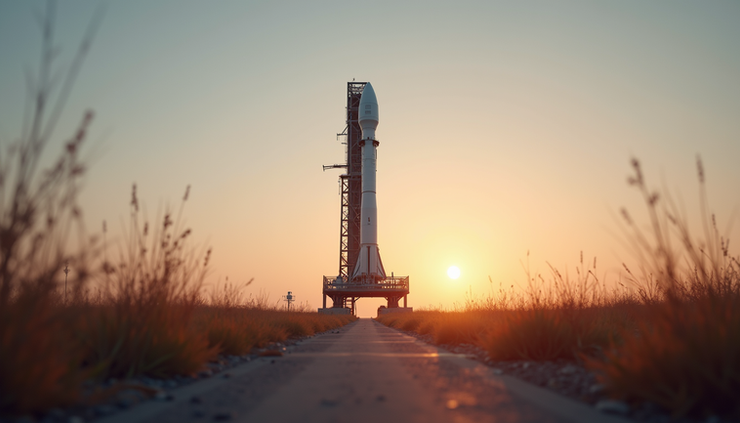 Eye-level view of SpaceX Falcon 9 rocket on launch pad