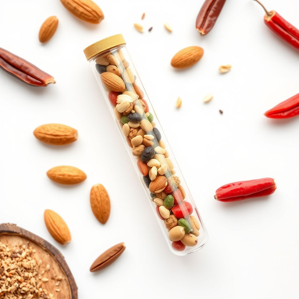 a test tube filled with almond nuts, seeds, goji berries, coconut on a white background.jp