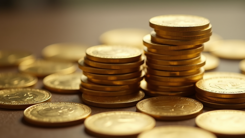 High angle view of gold coins stacked thoughtfully