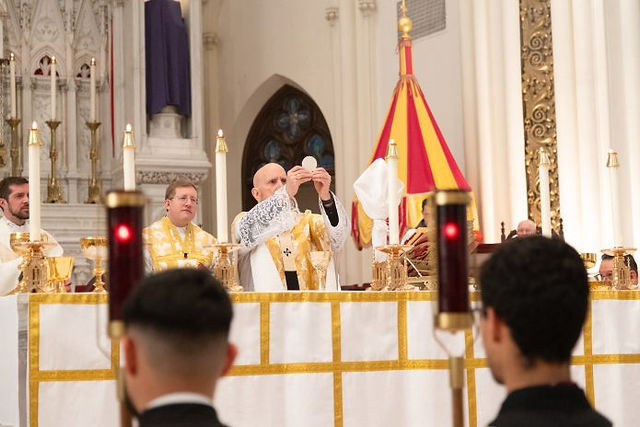 DENVER, CO - MARCH 28: Archbishop Samuel J. Aquila celebrates Mass for Holy Thursday at the Cathedral Basilica of the Immaculate Conception. (Photo by Neil McDonough/Denver Catholic)