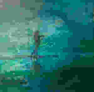 An encaustic image of a young woman on the sea on a stand up paddle board