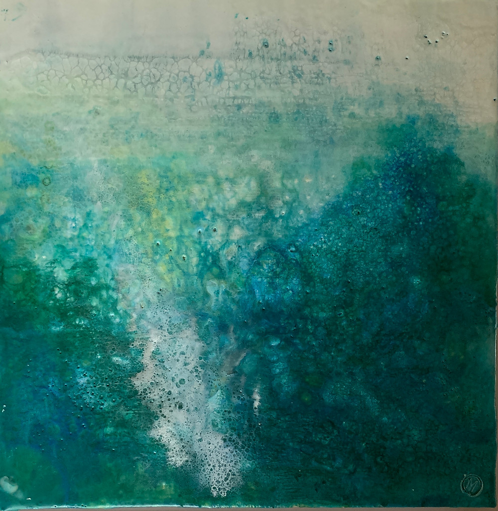 An encaustic image of bubbles under the surface of the sea