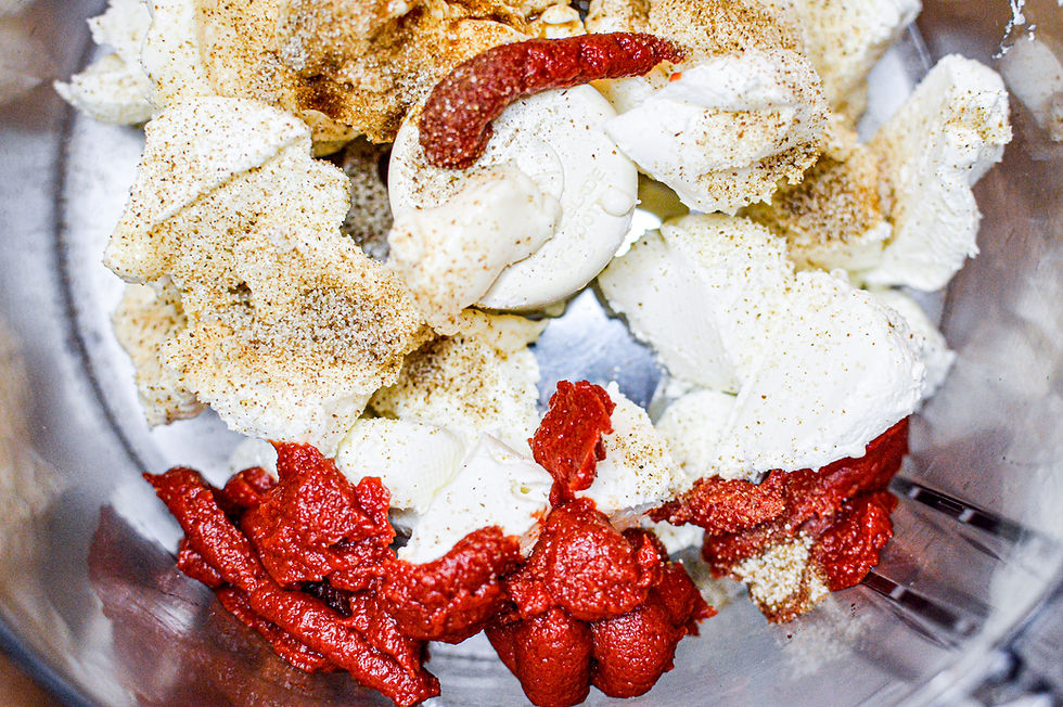 White creamy cheese and red paste in a blender, sprinkled with brown spices. Close-up view, preparing a flavorful mix.