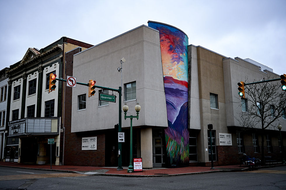Urban street corner with a building featuring a colorful mural. Traffic lights, street signs, and a cloudy sky complete the scene.