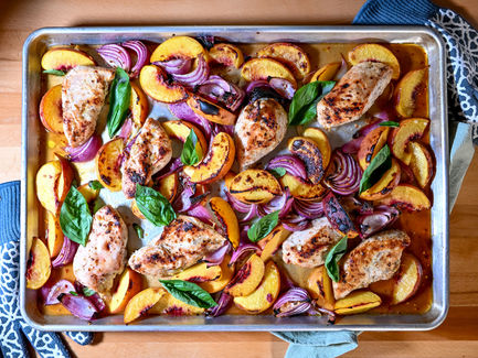 SHEET-PAN HOT HONEY CHICKEN AND PEACHES
