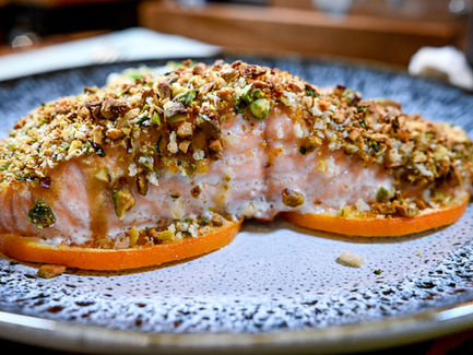 PISTACHIO CRUSTED SALMON WITH PEARL COUSCOUS