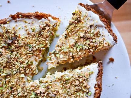 LEMON OLIVE OIL CAKE WITH LEMON GLAZE AND PISTACHIOS