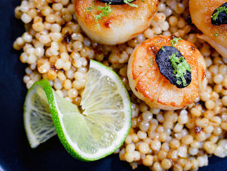 SEARED SCALLOPS W/ BLACK GARLIC AND LIME COUSCOUS