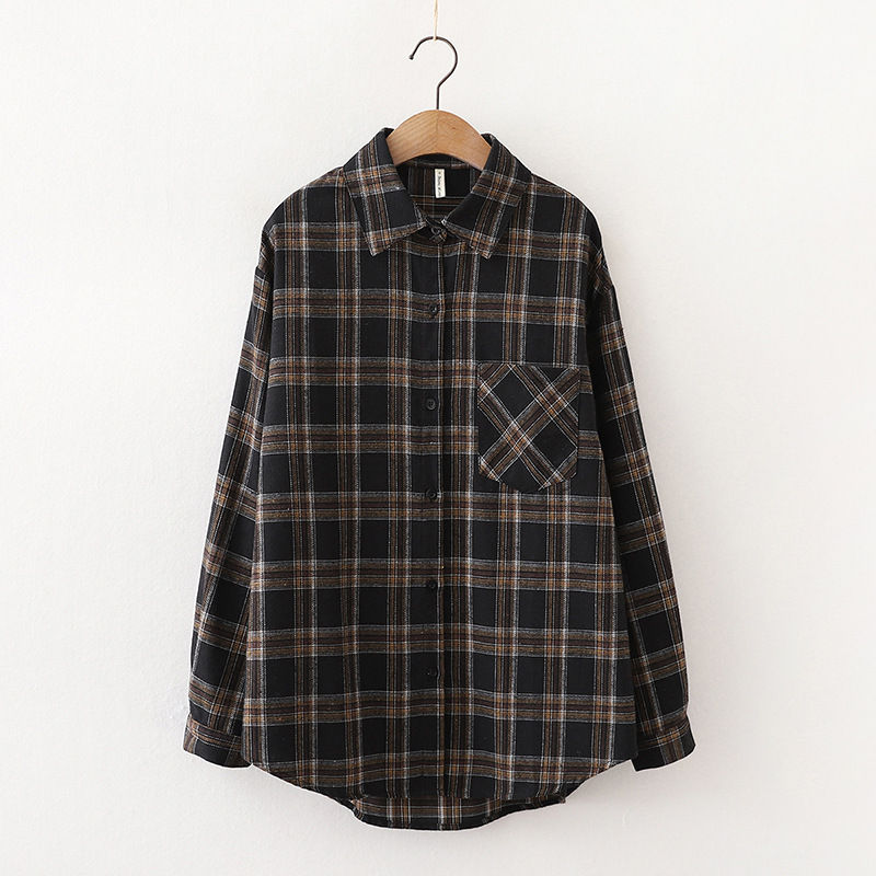 Thumbnail: Vintage Plaid Shirts Women Autumn Long Sleeve Oversize Button Up Shirt Korean Fa
