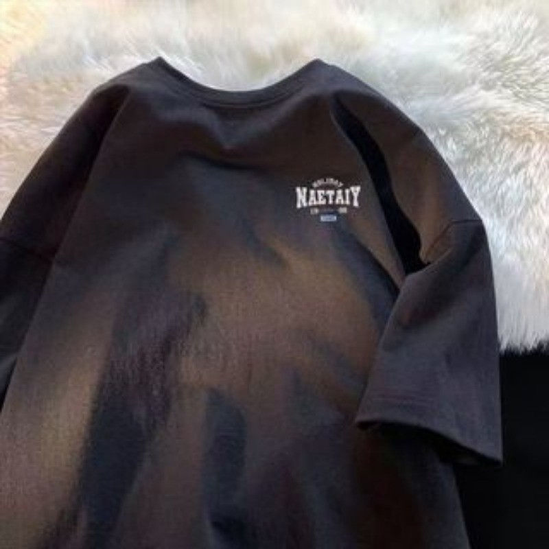 Thumbnail: 8XL Men Oversized Fashion Loose American Vintage Letter NAET Print Short Sleeve 