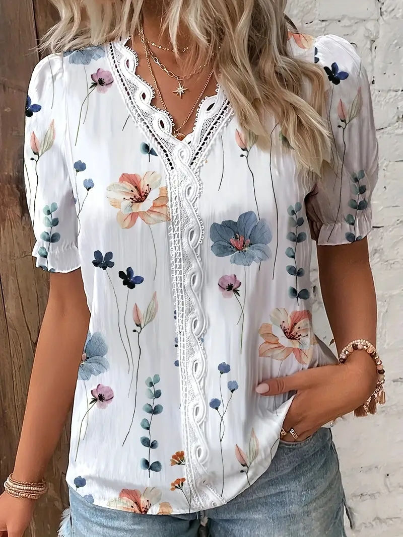 Thumbnail: 2024 Fashion Casual Vacation Shirt Women Summer V Neck Hollow Out Solid Color Bl
