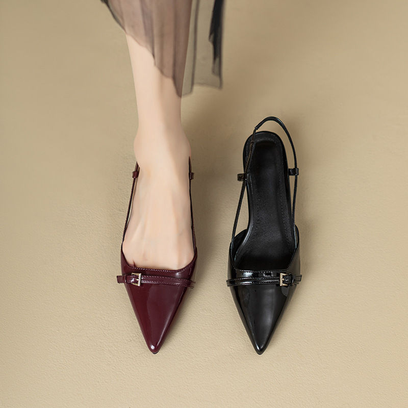Thumbnail: 2024 New Summer French Wine Red Pointed Patent Leather Mid-heel Overhead Sandals