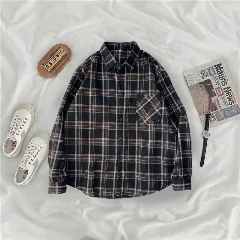 Thumbnail: Vintage Plaid Shirts Women Autumn Long Sleeve Oversize Button Up Shirt Korean Fa