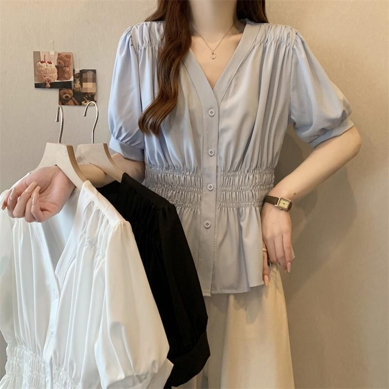 Thumbnail: Elastic waist cinching and slimming summer shirt, women's short sleeved solid co