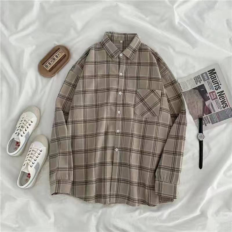 Thumbnail: Vintage Plaid Shirts Women Autumn Long Sleeve Oversize Button Up Shirt Korean Fa