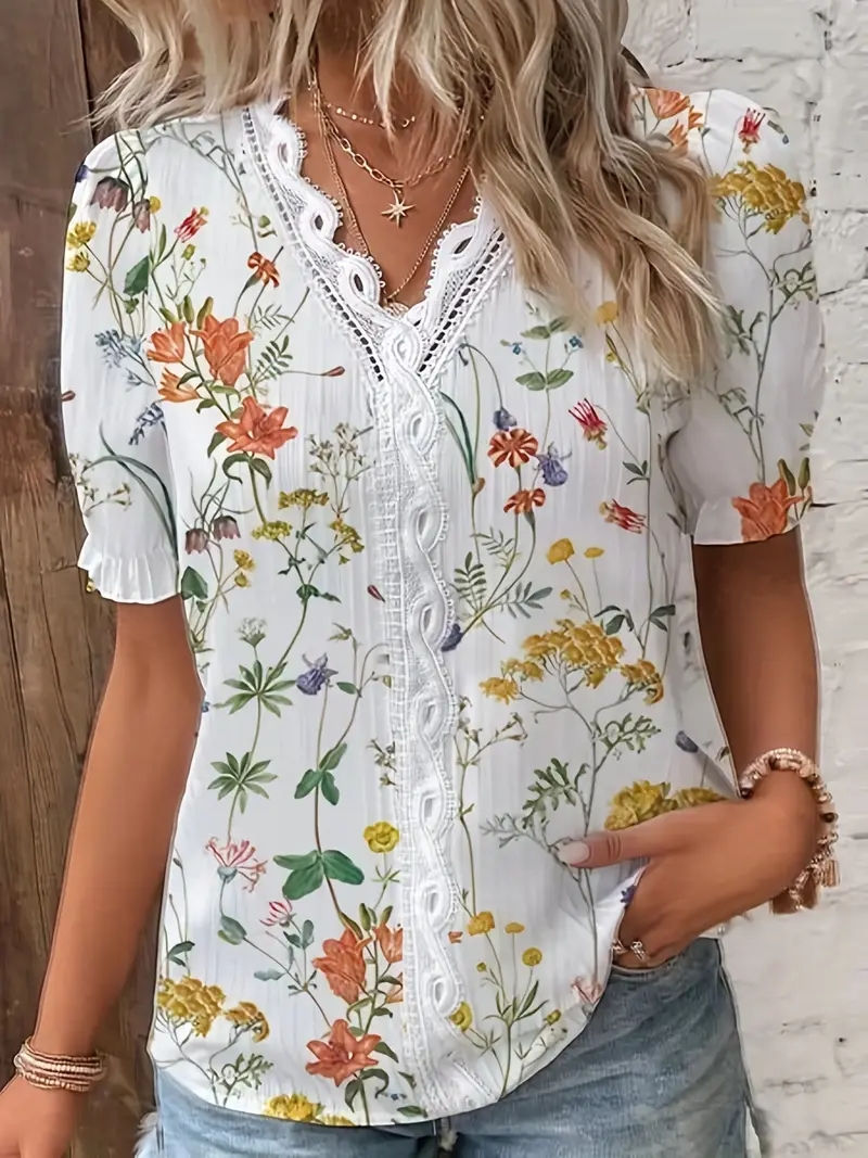 Thumbnail: 2024 Fashion Casual Vacation Shirt Women Summer V Neck Hollow Out Solid Color Bl