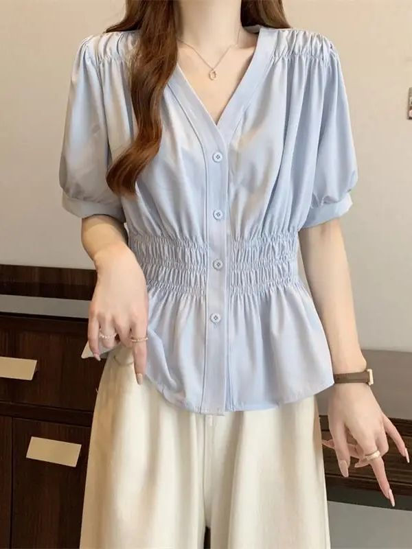 Thumbnail: Elastic waist cinching and slimming summer shirt, women's short sleeved solid co
