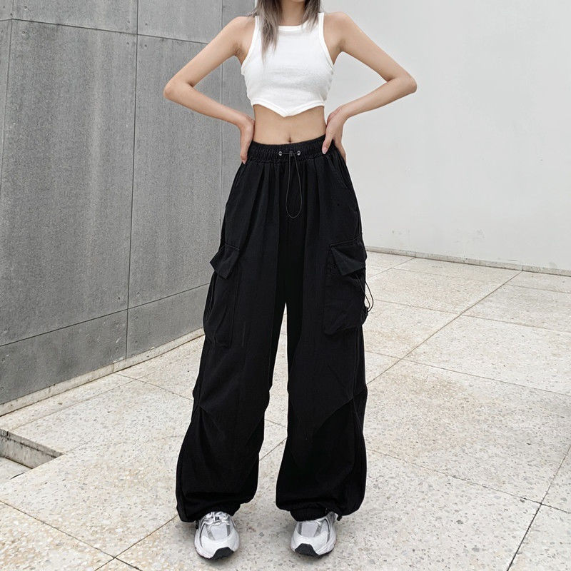 Thumbnail: 2024 Women Casual Joggers Tech Pants Solid Low Waist Pants Drawstring Wide Leg B