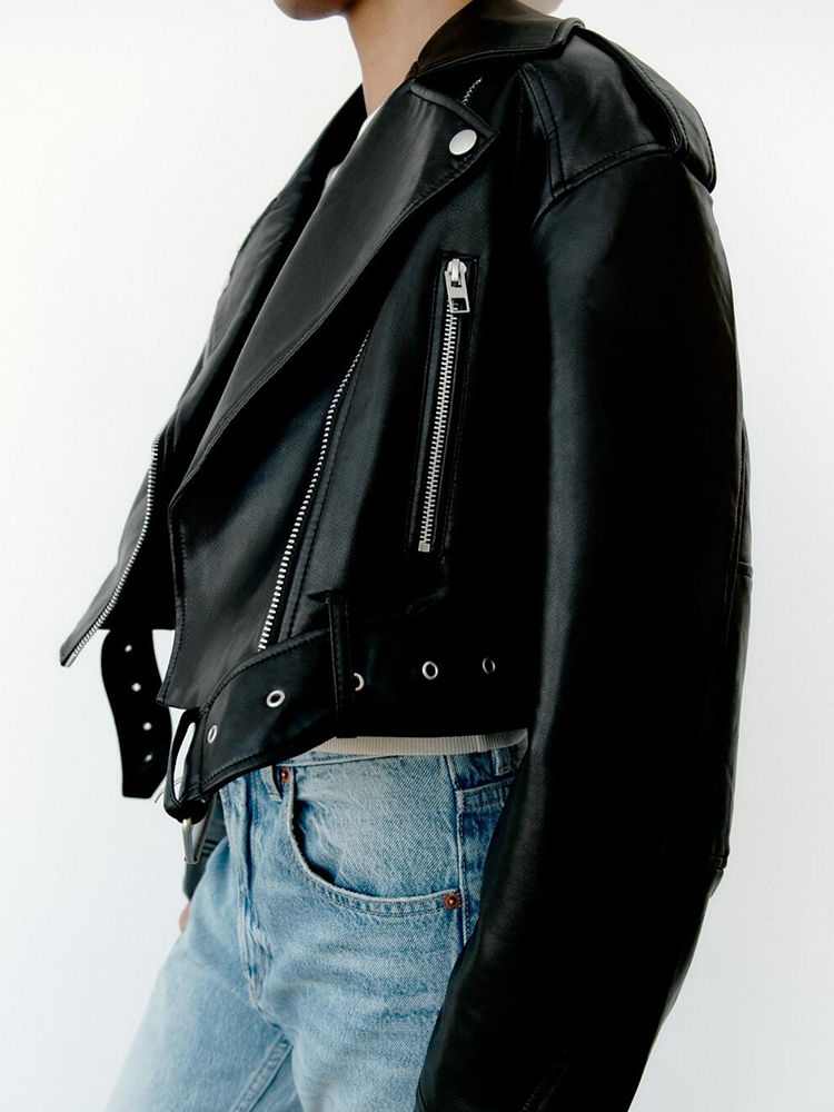 Thumbnail: Ailegogo Spring Autumn Women Faux Pu Leather Short Jacket with Belt Motorcycle B