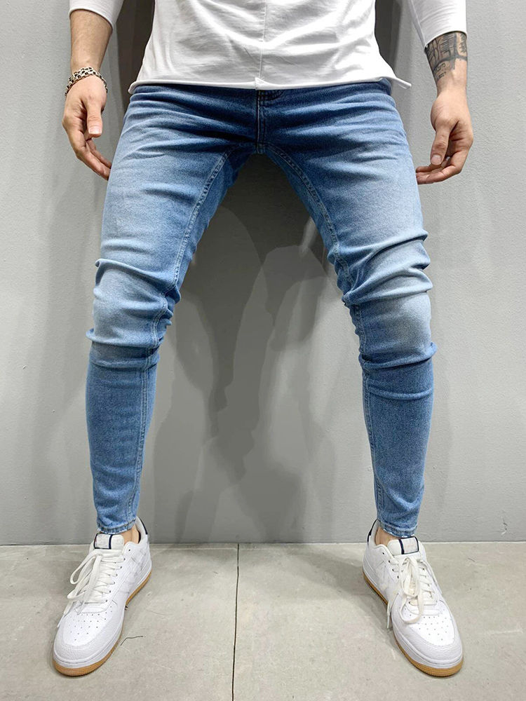 Thumbnail: Spring Mens Black Blue Pants Pure Color Stretch Jeans Street Casual Slim Fit Tro