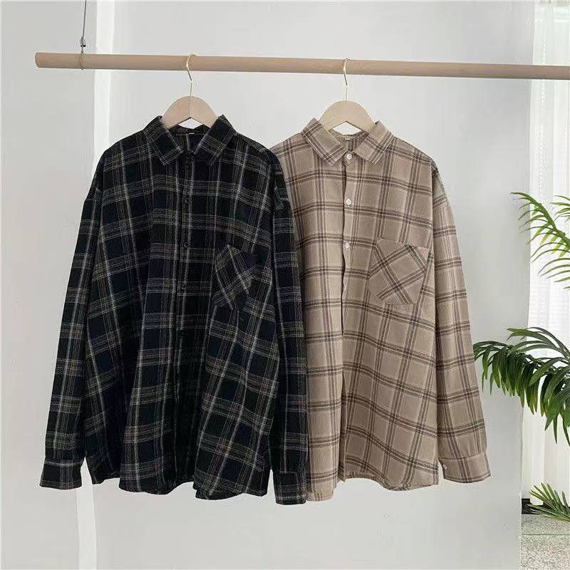 Thumbnail: Vintage Plaid Shirts Women Autumn Long Sleeve Oversize Button Up Shirt Korean Fa