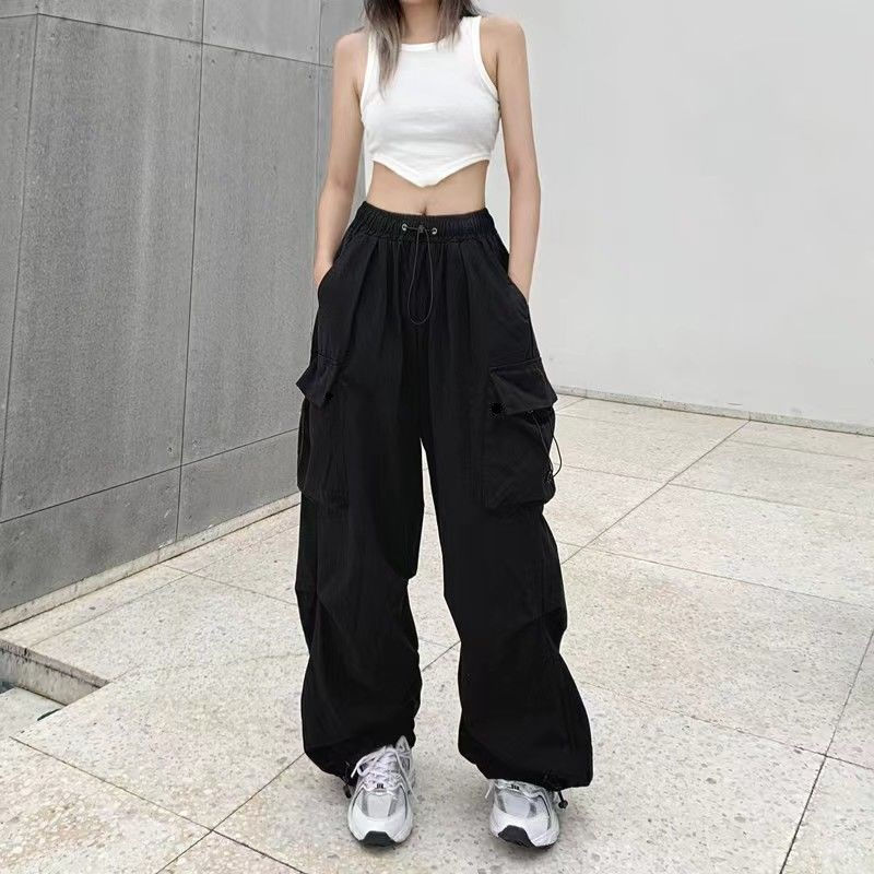 Thumbnail: 2024 Women Casual Joggers Tech Pants Solid Low Waist Pants Drawstring Wide Leg B