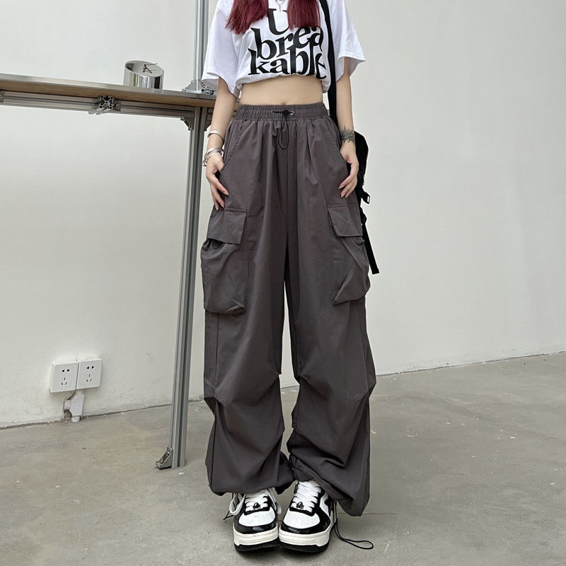 Thumbnail: 2024 Women Casual Joggers Tech Pants Solid Low Waist Pants Drawstring Wide Leg B