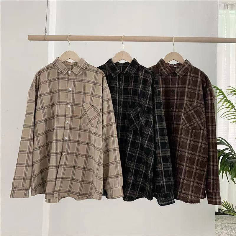 Vintage Plaid Shirts Women Autumn Long Sleeve Oversize Button Up Shirt Korean Fa