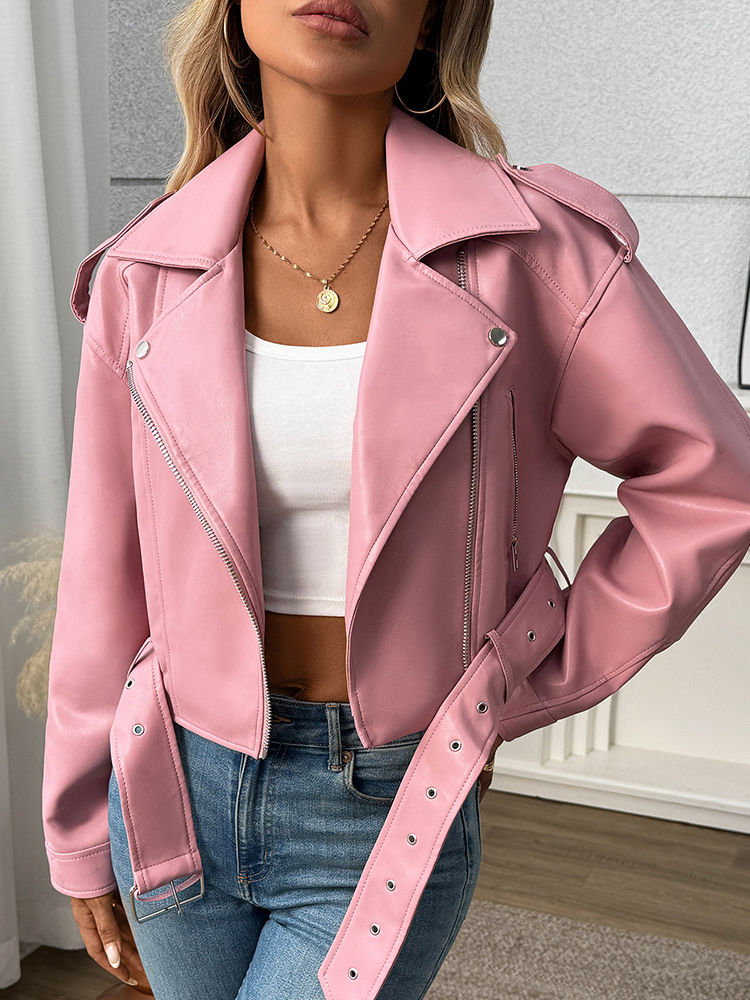 Thumbnail: Ailegogo Spring Autumn Women Faux Pu Leather Short Jacket with Belt Motorcycle B