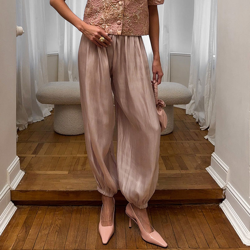Thumbnail: Linad Elegant Pink Crepe Loose Bloomers For Woman Street Chic Pleated Trousers F