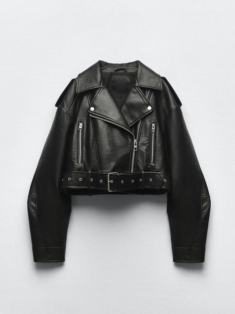 Ailegogo Spring Autumn Women Faux Pu Leather Short Jacket with Belt Motorcycle B