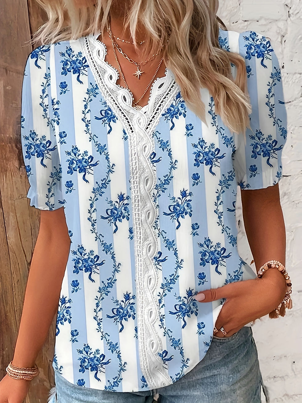 Thumbnail: 2024 Fashion Casual Vacation Shirt Women Summer V Neck Hollow Out Solid Color Bl